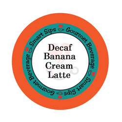 decaf banana cream latte, gourmet flavored single serve coffee latte, smart sips coffee, decaf latte, decaffeinated, caffeine free, no caffeine, presweetened, contains dairy, kosher, kcup, k cup, k-cup, pod, pods, for keurig brewer, low calorie, low sugar, low carb