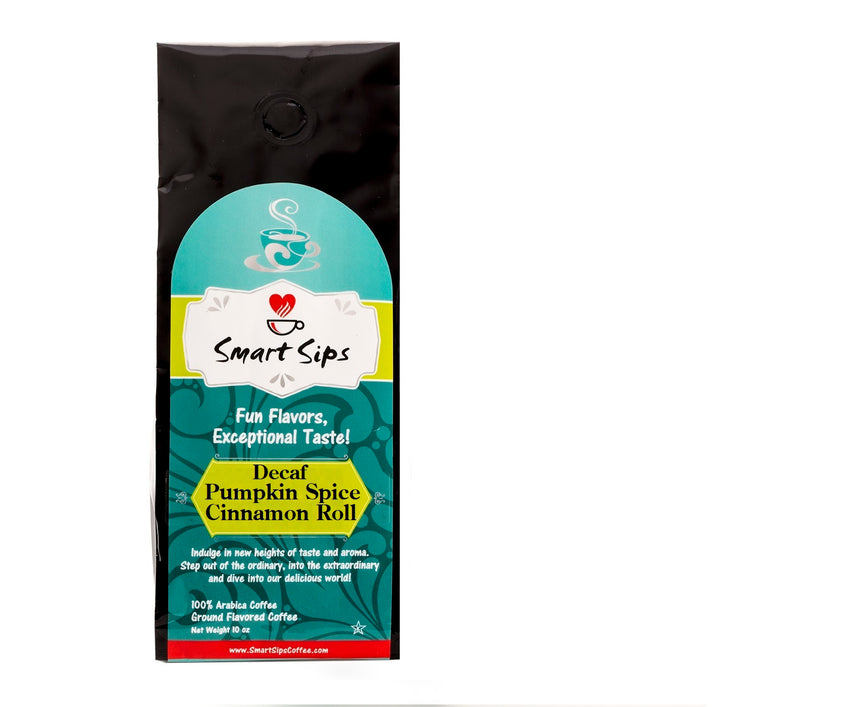 Smart Sips Coffee, decaf, decaffeinated, decaf pumpkin spice cinnamon roll coffee, ground coffee, pumpkin flavored coffee, gourmet coffee, bagged coffee, arabica, medium roast, kosher, parve, caffeine-free, sugar-free, carb-free, keto coffee, ww coffee