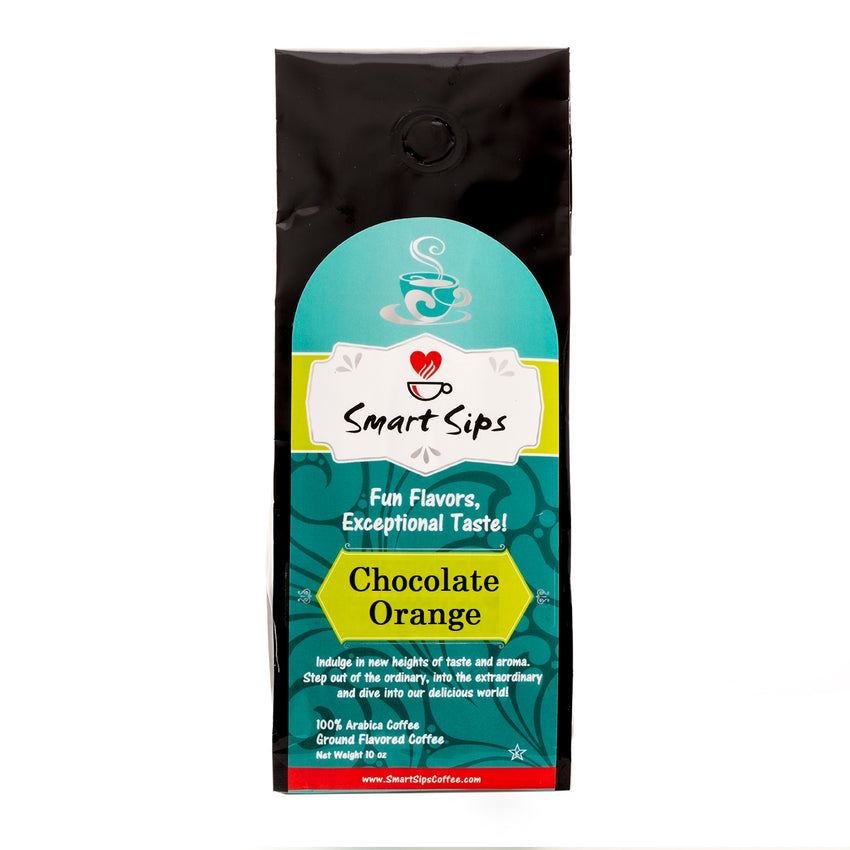 Chocolate orange flavored gourmet ground coffee, smart sips coffee, ground bagged coffee, flavored coffee, 10 ounce, 20 ounce, 30 ounce, medium roast fresh ground arabica coffee, no calories, 0 calorie coffee, fruity coffee, fruit flavored coffee, orange coffee, no carb, zero carbs, no carbs, ww coffee, keto coffee