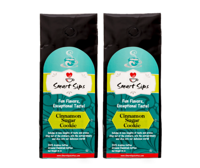 Cinnamon sugar cookie gourmet flavored ground coffee, smart sips coffee, gourmet coffee, cookie coffee, dessert coffee, ground,  20 ounce, 30 ounce, bagged coffee, coffee for drip machines, dessert flavored coffee, gluten free, carb free, no carb, 0 carb, sugar free, 0 sugar, no sugar, low calorie, kosher, pareve