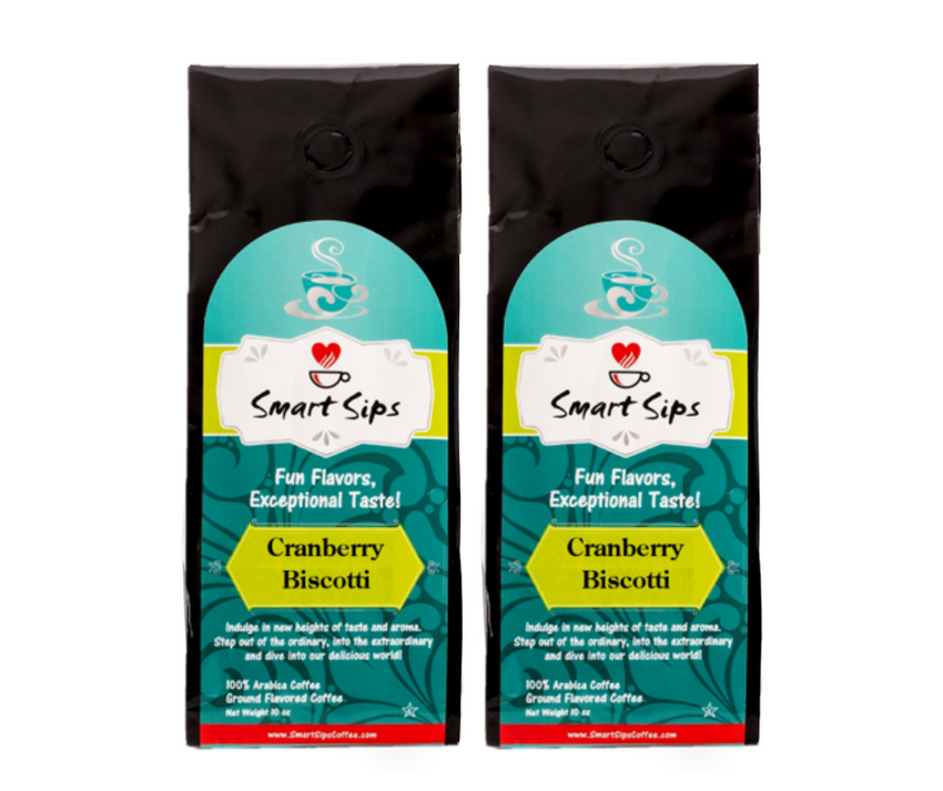 Cranberry Biscotti gourmet flavored ground coffee, smart sips coffee, gourmet coffee, cookie coffee, dessert coffee, ground,  20 ounce, 30 ounce, bagged coffee, coffee for drip machines, dessert flavored coffee, gluten free, carb free, no carb, 0 carb, sugar free, 0 sugar, no sugar, low calorie, kosher, pareve