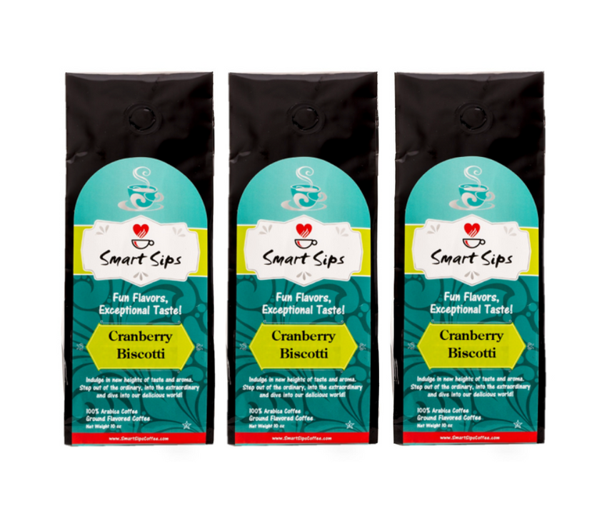 Cranberry Biscotti gourmet flavored ground coffee, smart sips coffee, gourmet coffee, cookie coffee, dessert coffee, ground,  20 ounce, 30 ounce, bagged coffee, coffee for drip machines, dessert flavored coffee, gluten free, carb free, no carb, 0 carb, sugar free, 0 sugar, no sugar, low calorie, kosher, pareve