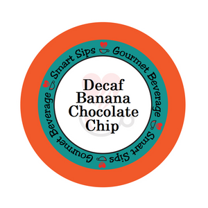 Decaf banana chocolate chip flavored gourmet coffee, smart sips coffee, decaffeinated, caffeine-free, dessert inspired coffee, single serve coffee pod, cafe, pods, k cup, k-cup, kcup, kosher, gluten free, sugar free, no sugar, carb free, no carb, low calorie, ww friendly, keto friendly, keurig