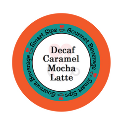 Decaf caramel mocha latte flavored gourmet coffee, smart sips coffee, decaffeinated, one step latte, sweetened, caffeine-free, dessert inspired coffee, single serve coffee pod, cafe, pods, k cup, k-cup, kcup, kosher, gluten free, , low calorie, ww friendly, keurig