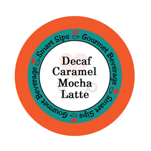 Decaf caramel mocha latte flavored gourmet coffee, smart sips coffee, decaffeinated, one step latte, sweetened, caffeine-free, dessert inspired coffee, single serve coffee pod, cafe, pods, k cup, k-cup, kcup, kosher, gluten free, , low calorie, ww friendly, keurig