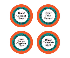 Decaf Flavored Coffee Favorites Variety Pack, Smart Sips Coffee, flavored decaffeinated gourmet coffee, flavored coffee, decaf coffee, flavored decaf, coconut rum coffee, jelly donut coffee, banana chocolate chip coffee, chocolate mint coffee, single serve pod, pods, k cup, kcup, k-cup, keurig, no sugar, 0 sugar, no carbs, 0 carbs, low calorie, variety pack, variety sampler, decaf flavor mix, caffeine free, no caffeine, caffeine-free, keto-friendly, ww-friendly