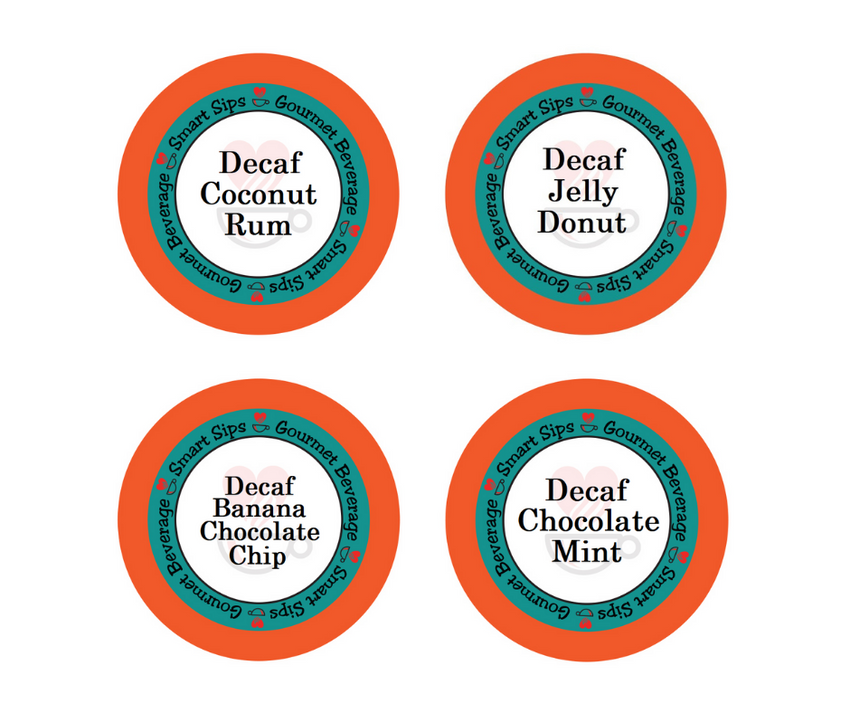 Decaf Flavored Coffee Favorites Variety Pack, Smart Sips Coffee, flavored decaffeinated gourmet coffee, flavored coffee, decaf coffee, flavored decaf, coconut rum coffee, jelly donut coffee, banana chocolate chip coffee, chocolate mint coffee, single serve pod, pods, k cup, kcup, k-cup, keurig, no sugar, 0 sugar, no carbs, 0 carbs, low calorie, variety pack, variety sampler, decaf flavor mix, caffeine free, no caffeine, caffeine-free, keto-friendly, ww-friendly