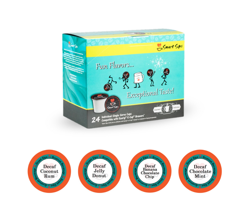 Decaf Flavored Coffee Favorites Variety Pack, Smart Sips Coffee, flavored decaffeinated gourmet coffee, flavored coffee, decaf coffee, flavored decaf, coconut rum coffee, jelly donut coffee, banana chocolate chip coffee, chocolate mint coffee, single serve pod, pods, k cup, kcup, k-cup, keurig, no sugar, 0 sugar, no carbs, 0 carbs, low calorie, variety pack, variety sampler, decaf flavor mix, caffeine free, no caffeine, caffeine-free, keto-friendly, ww-friendly