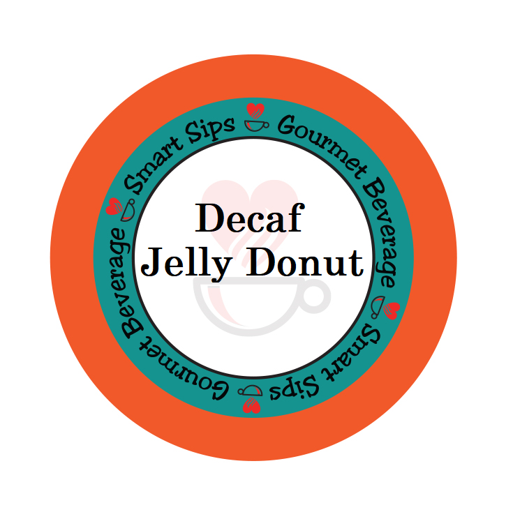 Decaf Jelly Donut flavored gourmet coffee, smart sips coffee, decaffeinated, caffeine-free, dessert inspired coffee, single serve coffee pod, cafe, pods, k cup, k-cup, kcup, kosher, gluten free, sugar free, no sugar, carb free, no carb, low calorie, ww friendly, keto friendly, keurig