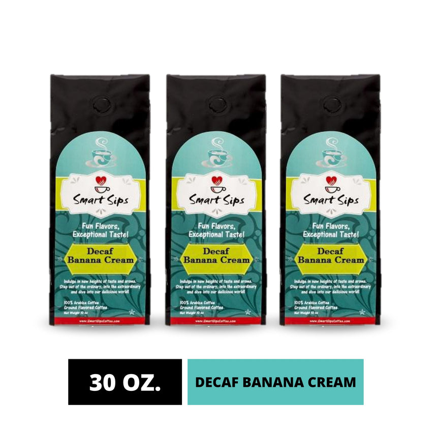 smart sips coffee, decaf banana cream flavored coffee, medium roast arabica coffee, gourmet coffee, ground coffee, 30 ounce 