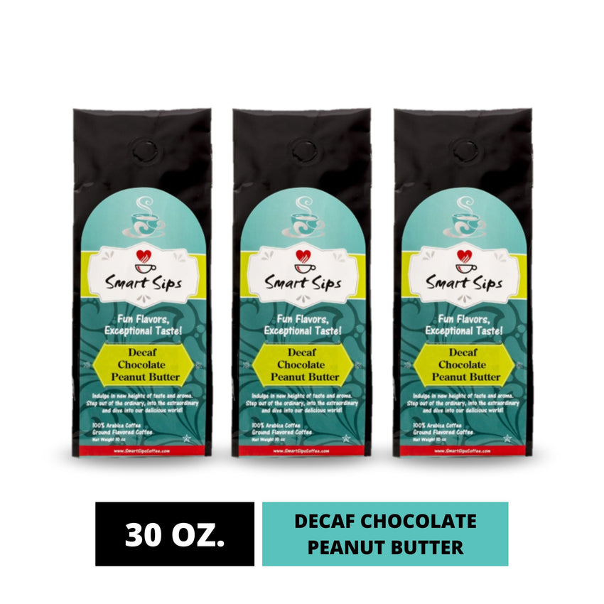 smart sips coffee, decaf chocolate peanut butter flavored coffee, medium roast arabica coffee, gourmet coffee, ground coffee, 30 ounce 