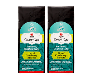 Decaf Cranberry Biscotti gourmet flavored ground coffee, smart sips coffee, gourmet coffee, cookie coffee, dessert coffee, ground,  20 ounce, 30 ounce, bagged coffee, coffee for drip machines, dessert flavored coffee, gluten free, carb free, no carb, 0 carb, sugar free, 0 sugar, no sugar, low calorie, kosher, pareve