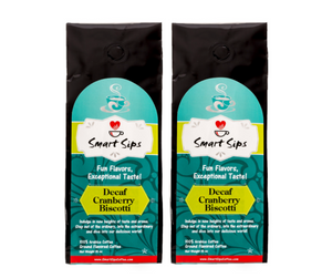 Decaf Cranberry Biscotti gourmet flavored ground coffee, smart sips coffee, gourmet coffee, cookie coffee, dessert coffee, ground,  20 ounce, 30 ounce, bagged coffee, coffee for drip machines, dessert flavored coffee, gluten free, carb free, no carb, 0 carb, sugar free, 0 sugar, no sugar, low calorie, kosher, pareve