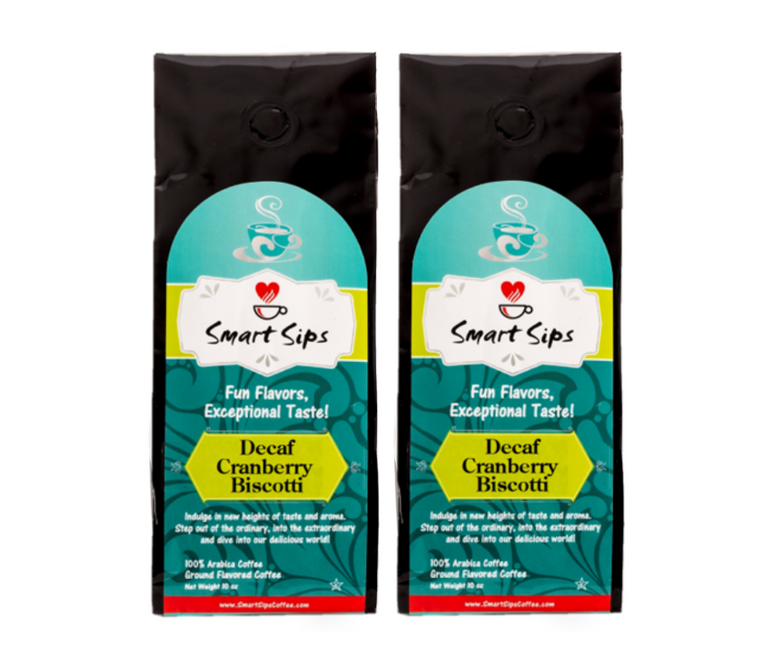 Decaf Cranberry Biscotti gourmet flavored ground coffee, smart sips coffee, gourmet coffee, cookie coffee, dessert coffee, ground,  20 ounce, 30 ounce, bagged coffee, coffee for drip machines, dessert flavored coffee, gluten free, carb free, no carb, 0 carb, sugar free, 0 sugar, no sugar, low calorie, kosher, pareve