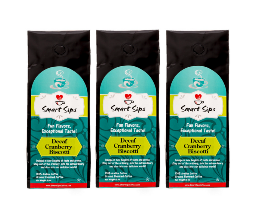 Decaf Cranberry Biscotti gourmet flavored ground coffee, smart sips coffee, gourmet coffee, cookie coffee, dessert coffee, ground, 20 ounce, 30 ounce, bagged coffee, coffee for drip machines, dessert flavored coffee, gluten free, carb free, no carb, 0 carb, sugar free, 0 sugar, no sugar, low calorie, kosher, pareve