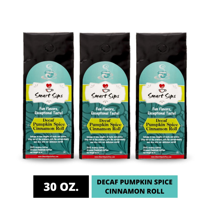 smart sips coffee, decaf pumpkin spice cinnamon roll flavored coffee, medium roast arabica coffee, gourmet coffee, ground coffee, 30 ounce 