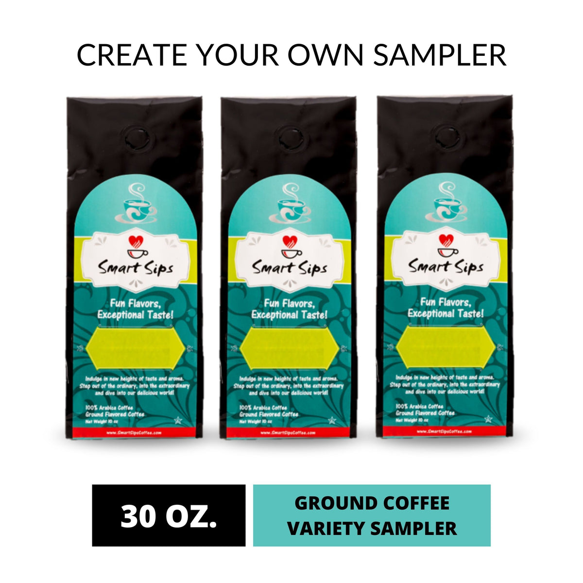 Ground Coffee Sampler Pick Three, 30 Ounce Sampler Smart Sips Coffee