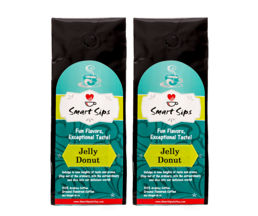 Jelly Donut gourmet flavored ground coffee, smart sips coffee, gourmet coffee, cookie coffee, dessert coffee, ground, 20 ounce, 30 ounce, bagged coffee, coffee for drip machines, dessert flavored coffee, gluten free, carb free, no carb, 0 carb, sugar free, 0 sugar, no sugar, low calorie, kosher, pareve