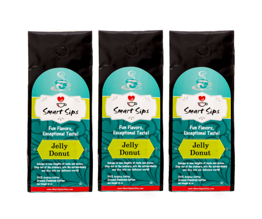 Jelly Donut gourmet flavored ground coffee, smart sips coffee, gourmet coffee, cookie coffee, dessert coffee, ground, 20 ounce, 30 ounce, bagged coffee, coffee for drip machines, dessert flavored coffee, gluten free, carb free, no carb, 0 carb, sugar free, 0 sugar, no sugar, low calorie, kosher, pareve