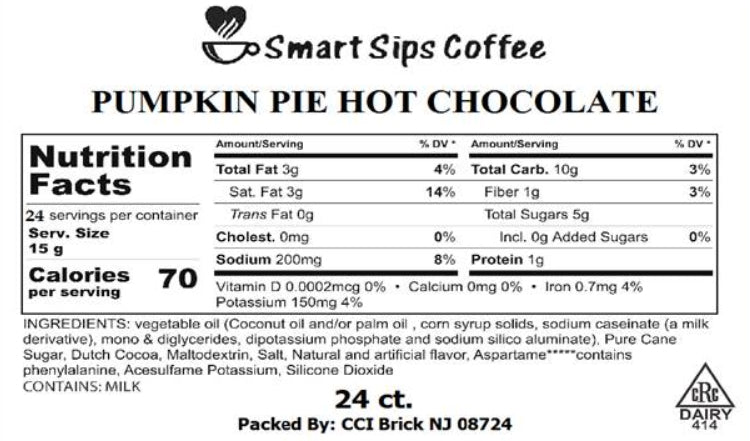 smart sips coffee, pumpkin pie hot chocolate, hot cocoa, hot coco, gourmet flavored, single serve pod, pods, k cup, kcup, k-cup, keurig brewer compatible, landfill degradable, kosher, fall flavor, contains dairy