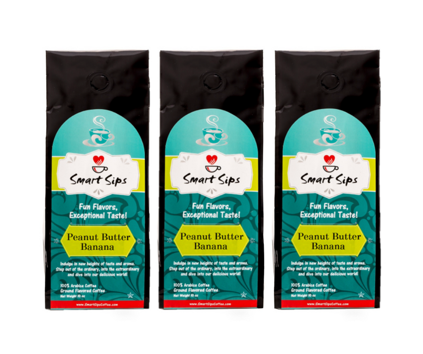 Peanut Butter Banana flavored gourmet ground coffee, smart sips coffee, ground bagged coffee, flavored coffee, 10 ounce, 20 ounce, 30 ounce, medium roast fresh ground arabica coffee, no calories, 0 calorie coffee, fruity coffee, fruit flavored coffee, peanut butter coffee, banana coffee, no carb, zero carbs, no carbs, ww coffee, keto coffee
