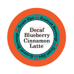 decaf blueberry cinnamon latte, gourmet flavored single serve coffee latte, smart sips coffee, decaf latte, decaffeinated, caffeine free, no caffeine, presweetened, contains dairy, kosher, kcup, k cup, k-cup, pod, pods, for keurig brewer, low calorie, low sugar, low carb