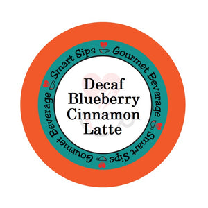 decaf blueberry cinnamon latte, gourmet flavored single serve coffee latte, smart sips coffee, decaf latte, decaffeinated, caffeine free, no caffeine, presweetened, contains dairy, kosher, kcup, k cup, k-cup, pod, pods, for keurig brewer, low calorie, low sugar, low carb