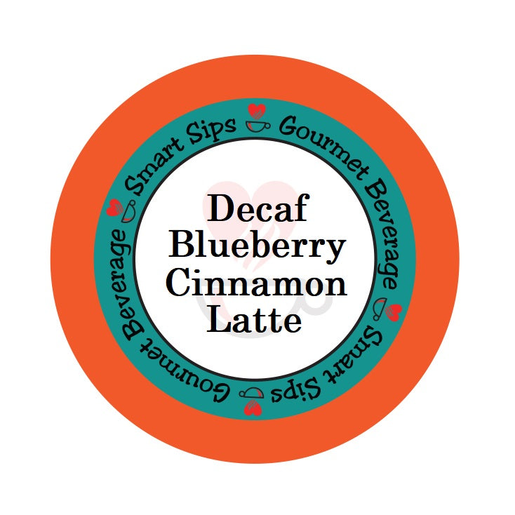 decaf blueberry cinnamon latte, gourmet flavored single serve coffee latte, smart sips coffee, decaf latte, decaffeinated, caffeine free, no caffeine, presweetened, contains dairy, kosher, kcup, k cup, k-cup, pod, pods, for keurig brewer, low calorie, low sugar, low carb