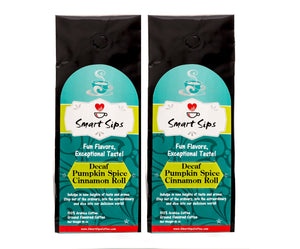 Smart Sips Coffee, decaf, decaffeinated, decaf pumpkin spice cinnamon roll coffee, ground coffee, pumpkin flavored coffee, gourmet coffee, bagged coffee, arabica, medium roast, kosher, parve, caffeine-free, sugar-free, carb-free, keto coffee, ww coffee